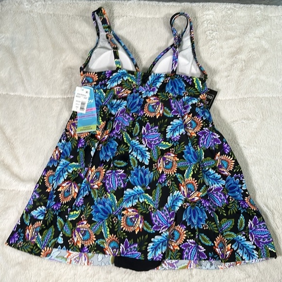 Swim Solutions Boho Paisley Multicolored V-Neck Ruffle one piece Swim Dress sz 8 - Picture 4 of 16